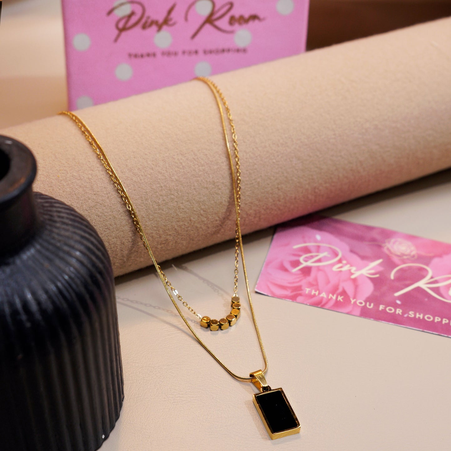 Black Square Pendant Double Chain Necklace