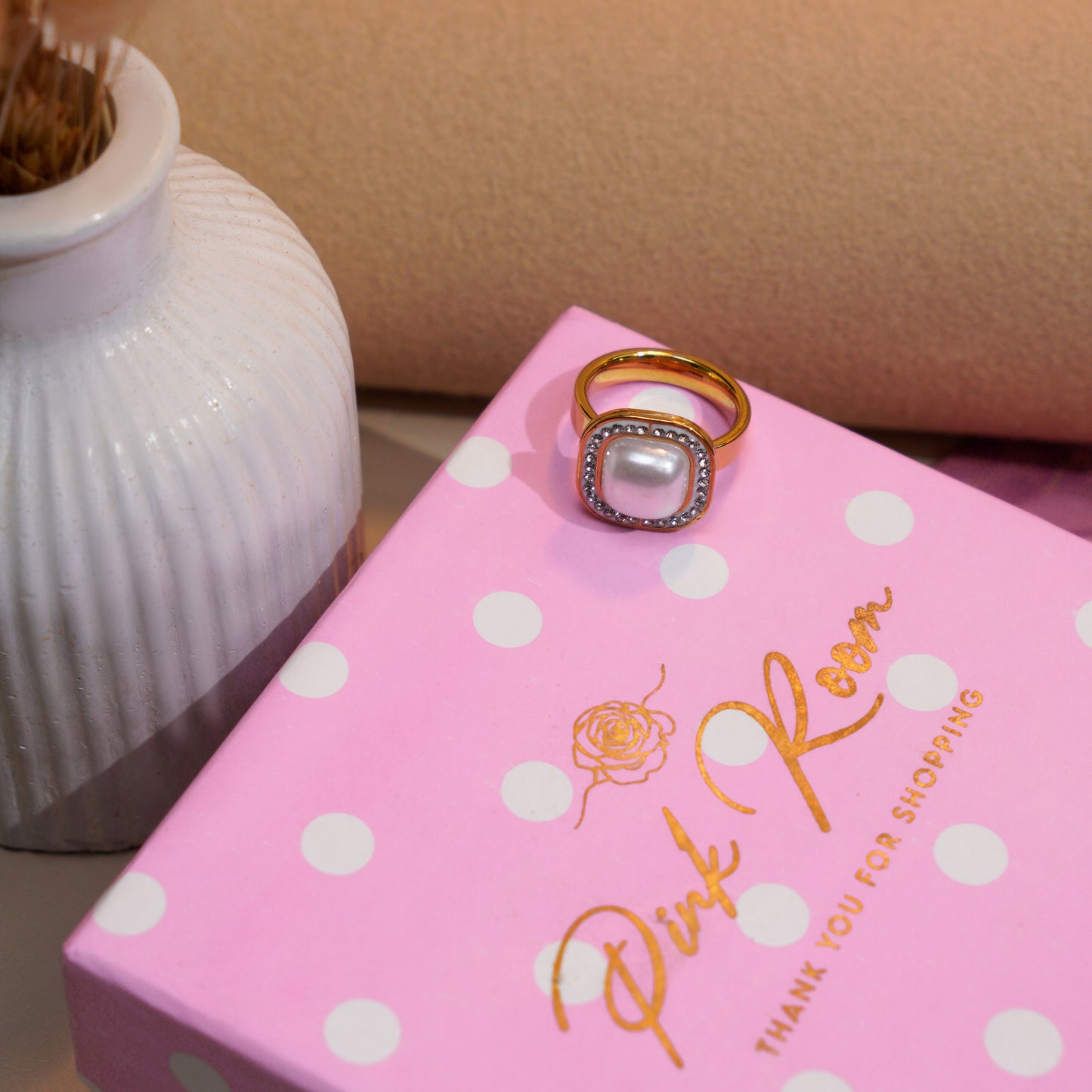 Gold-Plated Square Pearl Ring
